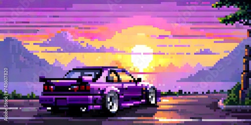 Pixel art of A jdm car in front of the sea on a pink sunset photo