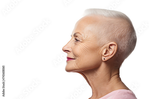 Courageous Cancer Patient Elderly Woman with Shaved Head Isolated on Transparent Background
