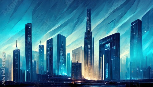 Modern city skyline with skyscrapers. Abstract background with blue tone  with urban ambient lights. Banner header image.