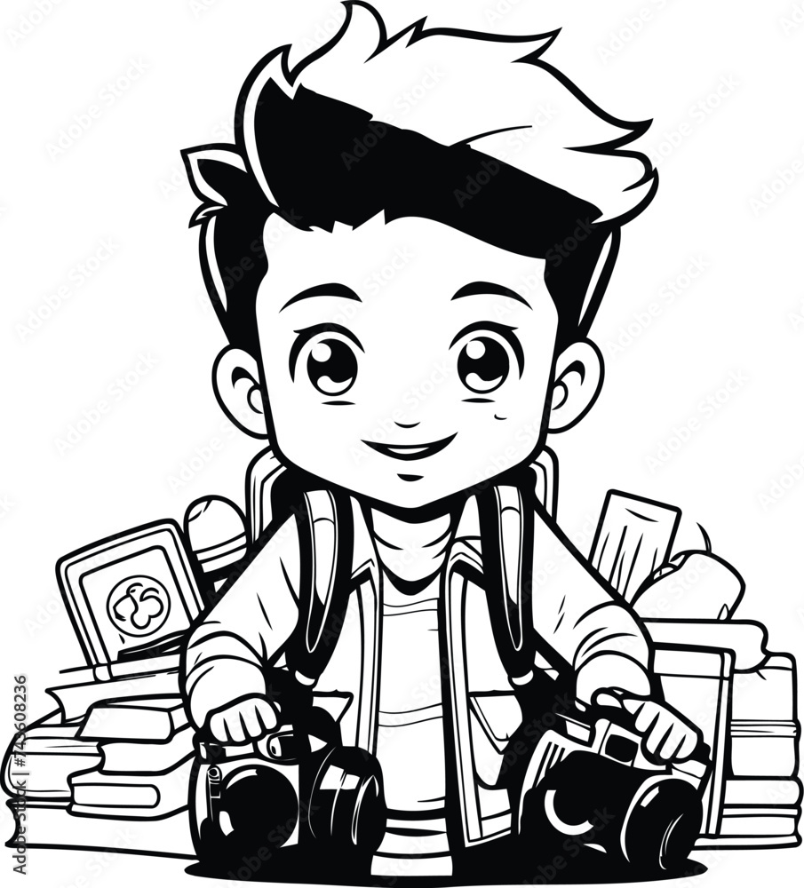 Boy with camera and books - Black and White Cartoon Illustration. Vector