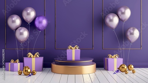 Fun giveaway birthyday podium with ballons and opened gift box againts purple wall background for product display, celebration, competition, winner. 3d render podium photo