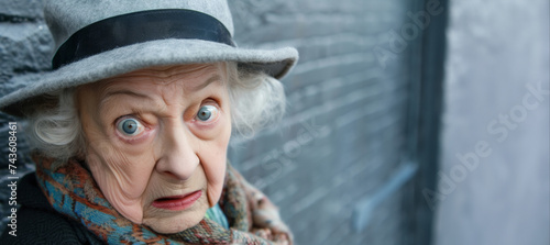 Frowning senior woman. Angry belligerent senior woman looking at the camera. portrait of a angry grandma. Senior grey-haired woman wearing casual clothes skeptic and nervous. photo