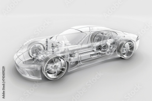 A transparent car design rendering that showcases the intricate internal mechanics and structure of a modern vehicle, presented in a sleek, futuristic style.