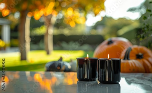 Essence of autumn's charm with two black scented candles set on a rustic wooden table amidst fallen leaves. In the background, pumpkins and richly colored trees create a serene and autumn atmosphere.
