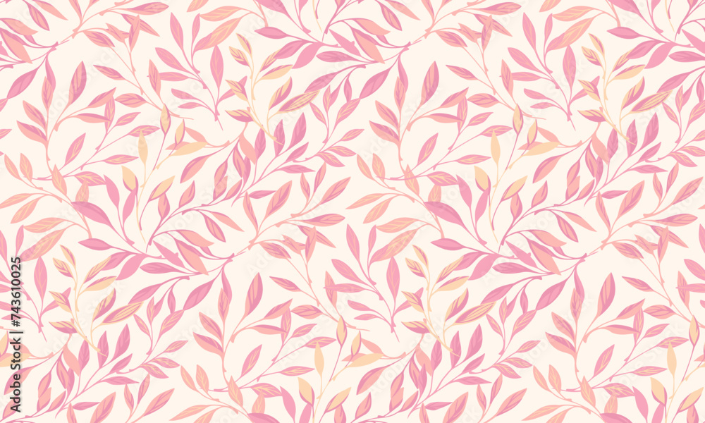 Fototapeta premium Pink pastel chic forest leaves seamless pattern. Vector hand drawn illustration. Abstract artistic branches leaf light printing. Template for designs, textile, collage wallpaper