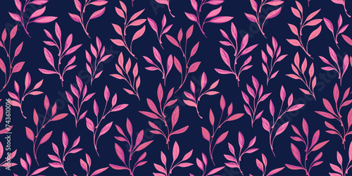 Colorful abstract seamless pattern leaves stem on a dark blue background. Vector hand drawn. Simple tiny small leaf printing. Collage template for designs, textile