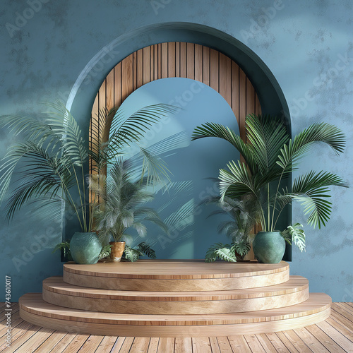 3d wooden podium with palm tree background