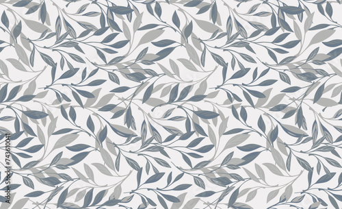 Vector hand drawn illustration of elegance forest branches of leaves intertwined in a seamless pattern. Monotone grey leaf stem background. Abstract, artistic foliage printing. Template for designs