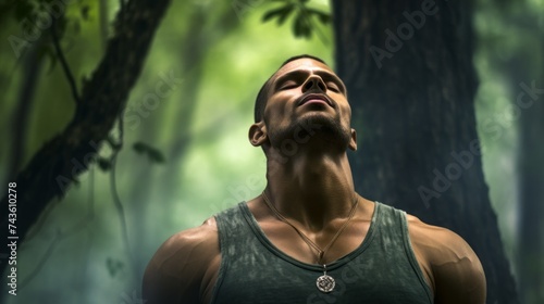 Close-up of a handsome athletic man with his eyes closed resting in the forest. Relaxation and Nature concepts.
