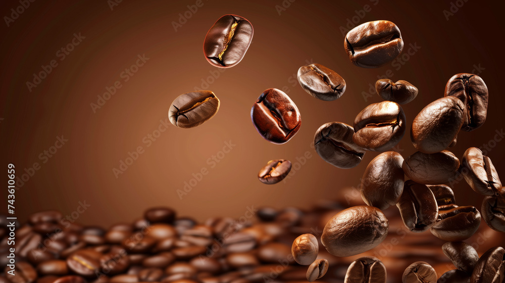 Coffee beans suspended in air with effects of rapid motion. They appear realistic against a brown background. Coffee beans suspended in air with effects of rapid motion. They appear realistic against a brown background.
