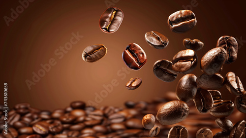Coffee beans suspended in air with effects of rapid motion. They appear realistic against a brown background.