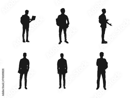 male student standing silhouettes. Vector silhouette of man standing, people, black color. silhouette people standing in line. Collage of silhouette people standing in line against white background.