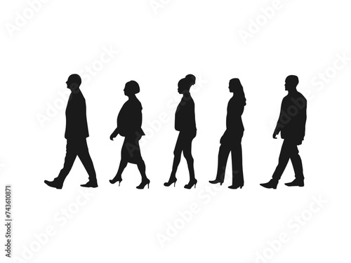 Side View Of Business People Walking silhouettes. Vector silhouette of Businessman Walking, people, black color. people standing in line. silhouette people Walking in line against white background.