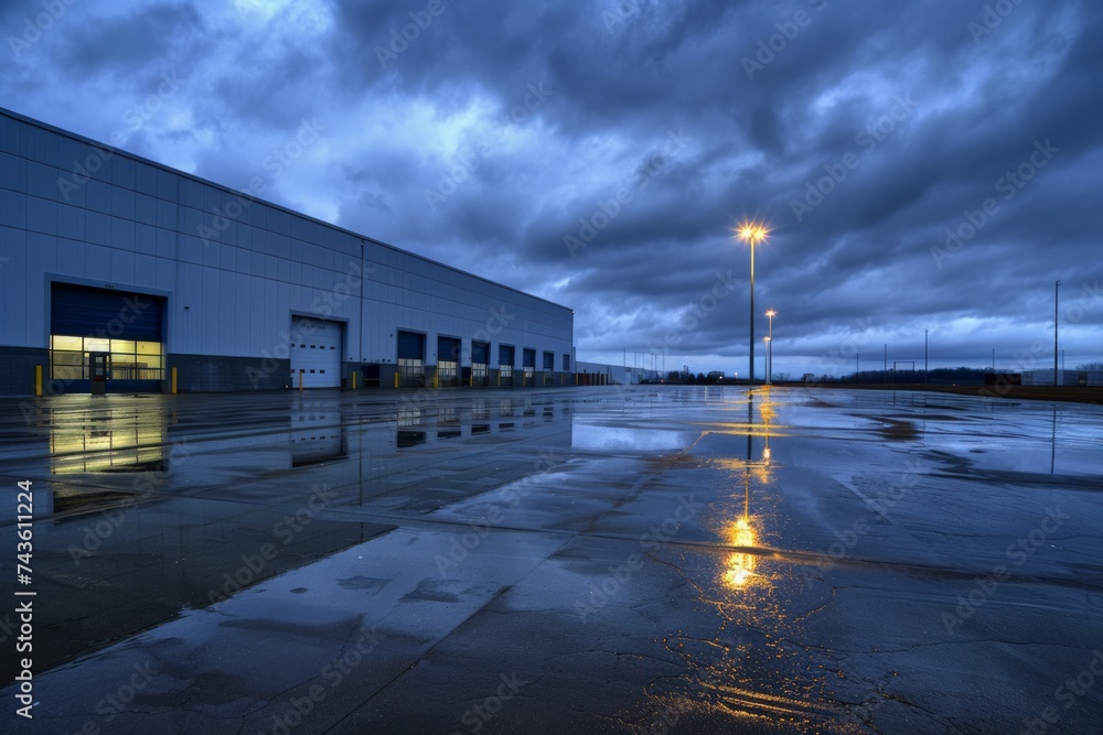An industrial facility captured at dusk, its lights reflecting on the wet ground, with a dramatic sky hinting at the end of a storm. An industrial facility captured at dusk, its lights reflecting on the wet ground, with a dramatic sky hinting at the end of a storm.