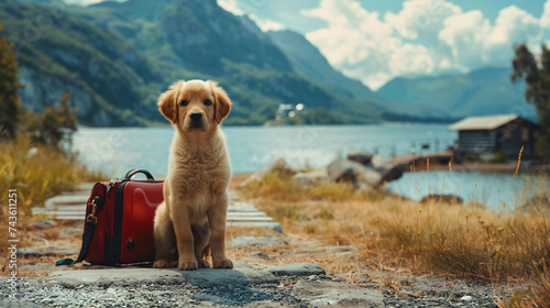 An eager puppy prepared for the journey. photo