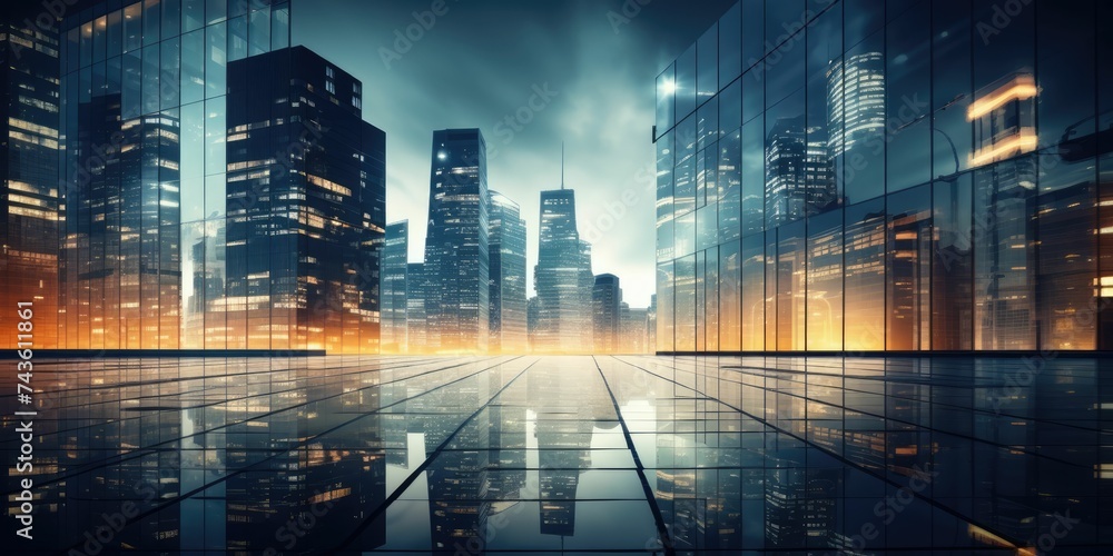 Business Building Background, Office buildings in financial district with night lights and sky reflected on modern glass walls of skyscrapers, Modern City Background