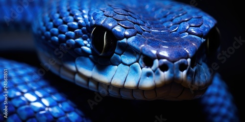 Close-up of the eye of a blue snake on a black background