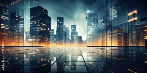 Business Building Background, Office buildings in financial district with night lights and sky reflected on modern glass walls of skyscrapers, Modern City Background © Creative Canvas