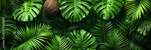Green leaves background. Green tropical monstera leaves, palm leaves, coconut leaf, fern, palm leaf, banana leaf. Panoramic background. nature concept © arhendrix