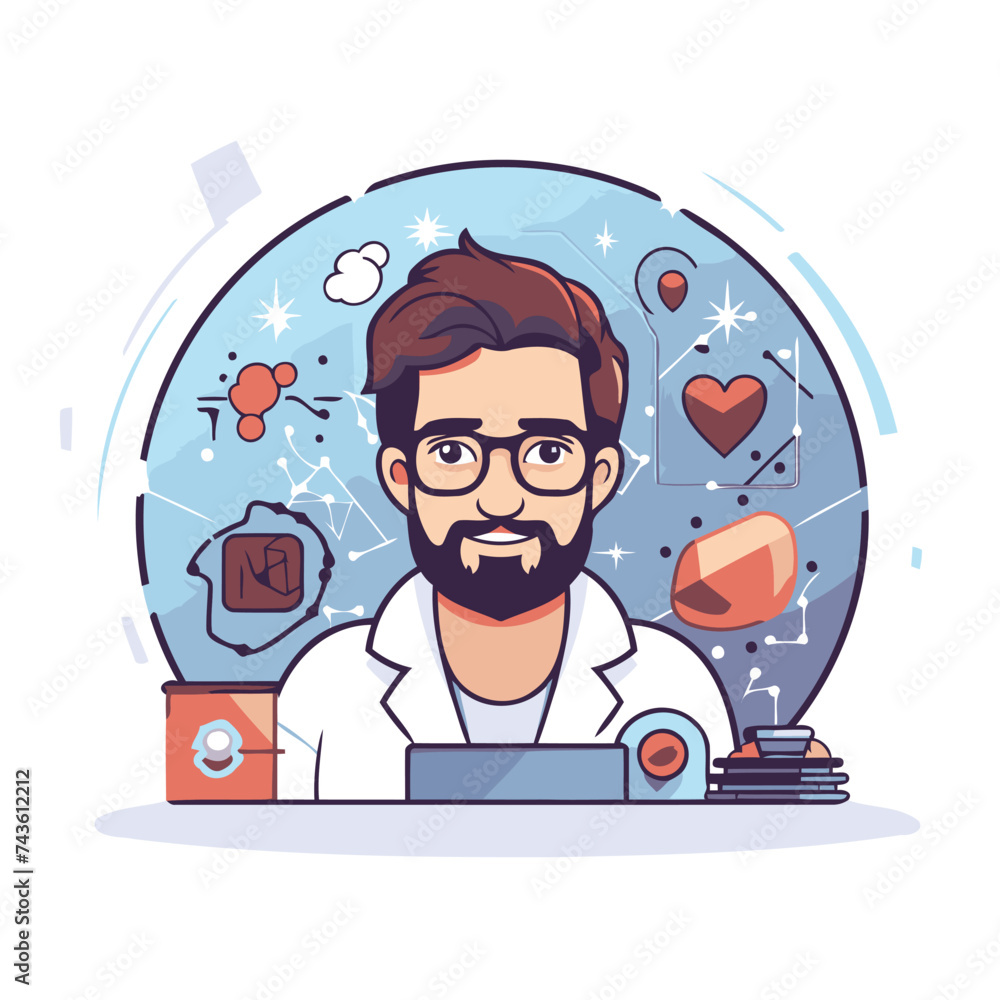 Doctor with stethoscope and computer. Vector illustration in flat style