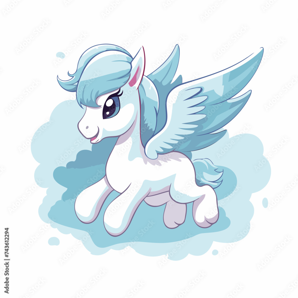 Cute cartoon pegasus with wings flying in the clouds. Vector illustration.