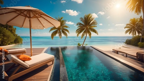 Luxury beach resort, water villa bungalow near endless pool over sea. Summer tropical island, travel vacation concept. Beach chairs with umbrella, luxurious landscape sunny weather, exotic nature view © Zulfi_Art