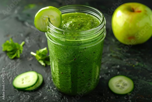 Green smoothie with cucumber and green apple. Green smoothie in jar, overhead on glass, healthy drink, top view, copy space