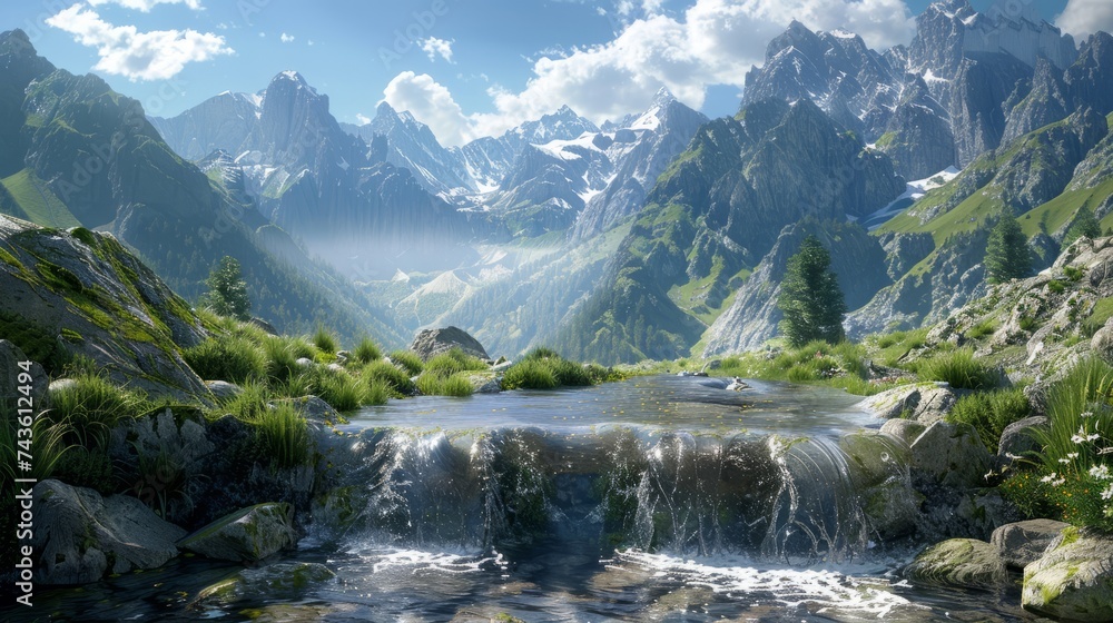 Water spring on Alps mountains background.