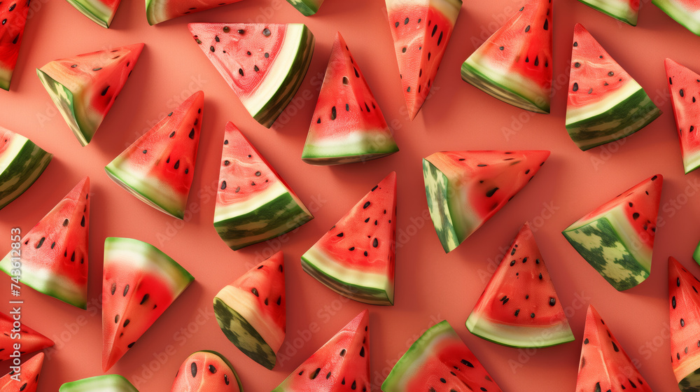 Realistic watermelon cone pieces form a seamless pattern on a colorful background.
