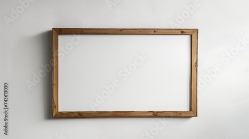 Blank wooden frame hanging on the white wall.