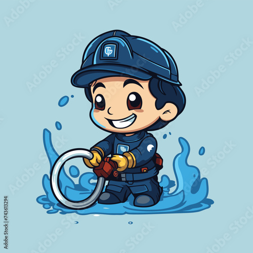 Vector illustration of a cartoon boy wearing a police cap and holding a hose