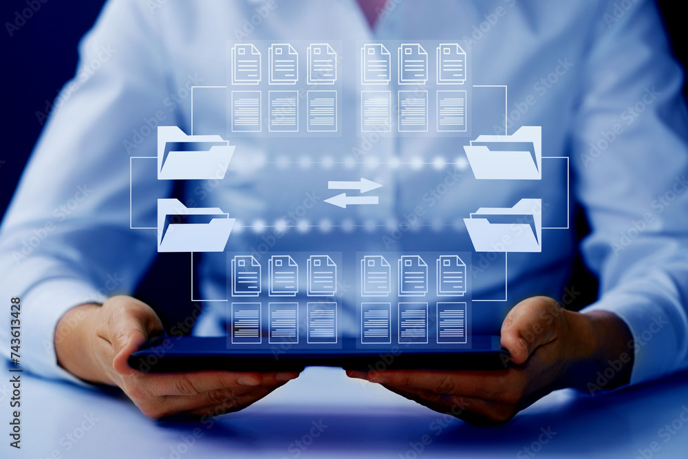 Fototapeta premium Online documentation database. AI Document management system DMS concept. FTP (File Transfer Protocol), Secure FTP. Internet cloud technology, exchange information and data storage concept.