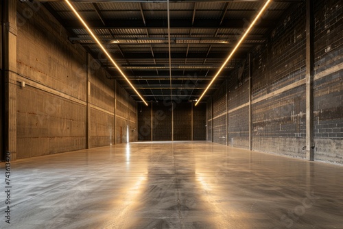 A minimalistic and spacious industrial interior with concrete walls and floor, subtly lit by strip lighting at the ceiling edge.