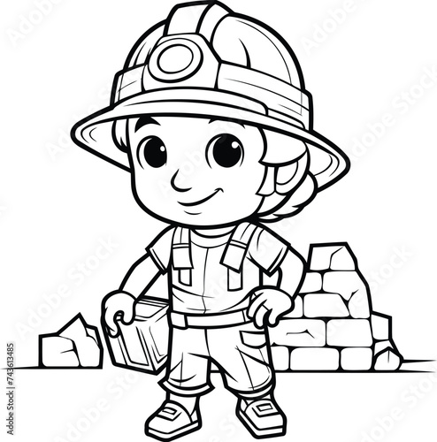 Black and White Cartoon Illustration of Kid Miner or Fireman Character for Coloring Book