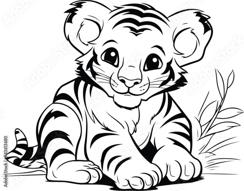 Black and white vector illustration of a tiger cub sitting on the ground