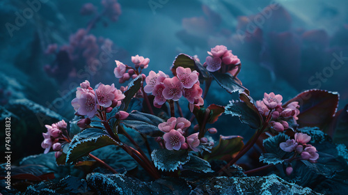 Bergenia blooms against an Arctic backdrop, using cinematic framing to highlight the contrast of colors