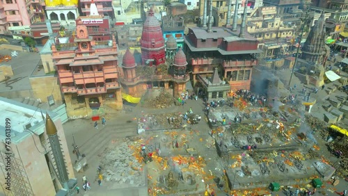 AERIAL view of Dashashwamedh Ghat, Kashi Vishwanath Temple and Manikarnika Ghat Manikarnika Mahashamshan Ghat Varanasi India photo