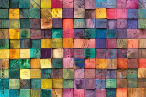 A colorful mosaic of square wooden blocks.