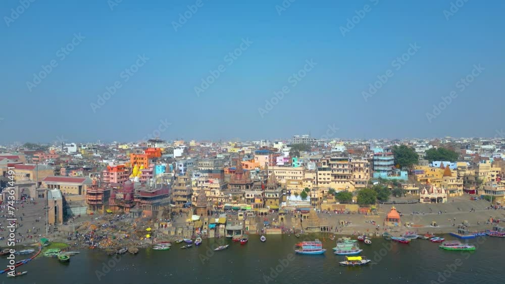 AERIAL view of Dashashwamedh Ghat, Kashi Vishwanath Temple and Manikarnika Ghat Manikarnika Mahashamshan Ghat Varanasi India AERIAL view of Dashashwamedh Ghat, Kashi Vishwanath Temple and Manikarnika Ghat Manikarnika Mahashamshan Ghat Varanasi India