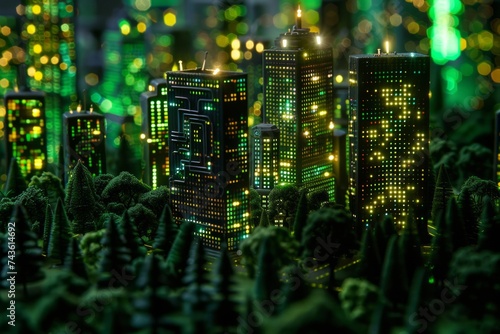 A miniature cityscape with illuminated digital circuit patterns.