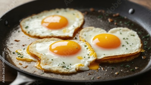 Three eggs are fried in a pan. Generative AI.