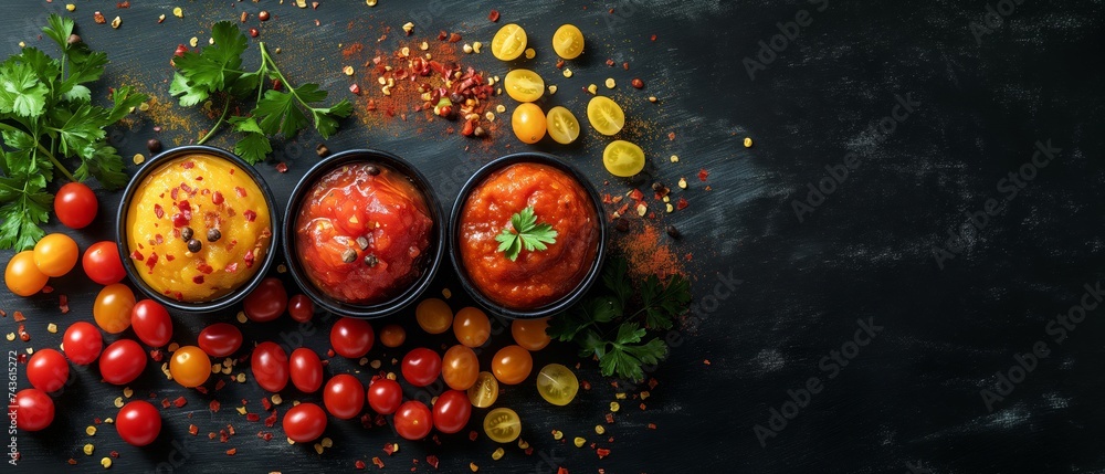 Food background with spices, herbs, sauces and vegetables on a vintage background