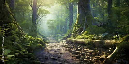Deep in the woods follow the path through the mist and feel the type of peace only nature can give you - lush green forest and rugged path with hazy light
 photo
