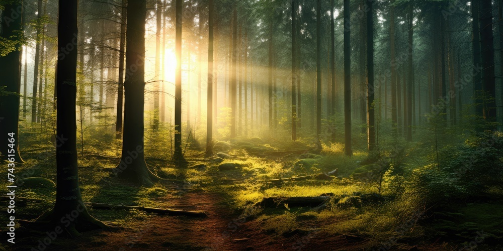 Forest Panorama with Sun Rays background