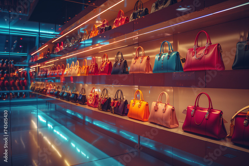 Rows of designer handbags gleaming under soft, ambient lighting in a high-end boutique.