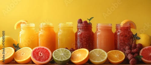 Set of various fresh fruit smoothies or juice on yellow background