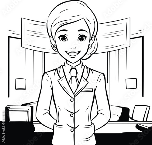 Black and white illustration of a businesswoman standing in the office.