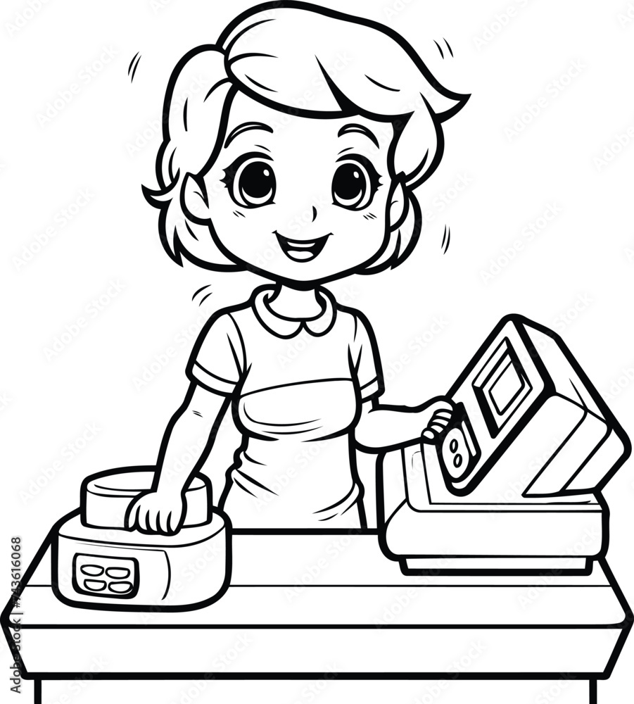 Black and White Cartoon Illustration of Cute Little Girl Character ...