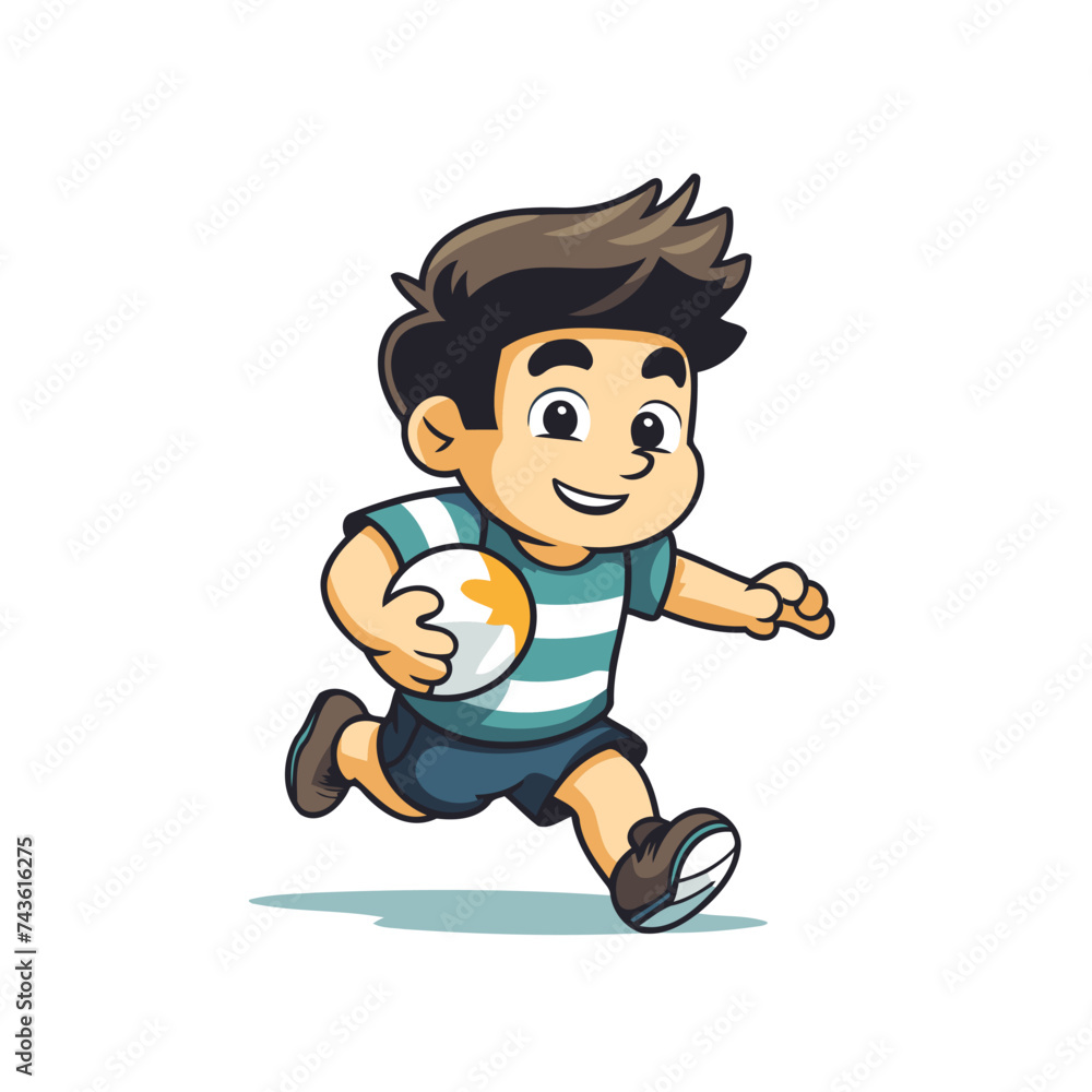 Cute boy running with ball. cartoon vector illustration isolated on white background.