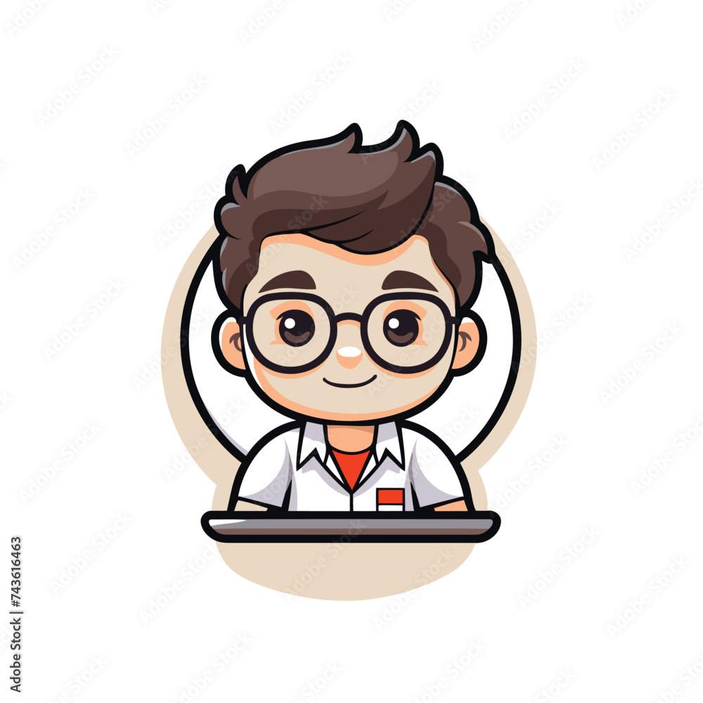 Cute boy with glasses and a microscope in his hands. Vector illustration.